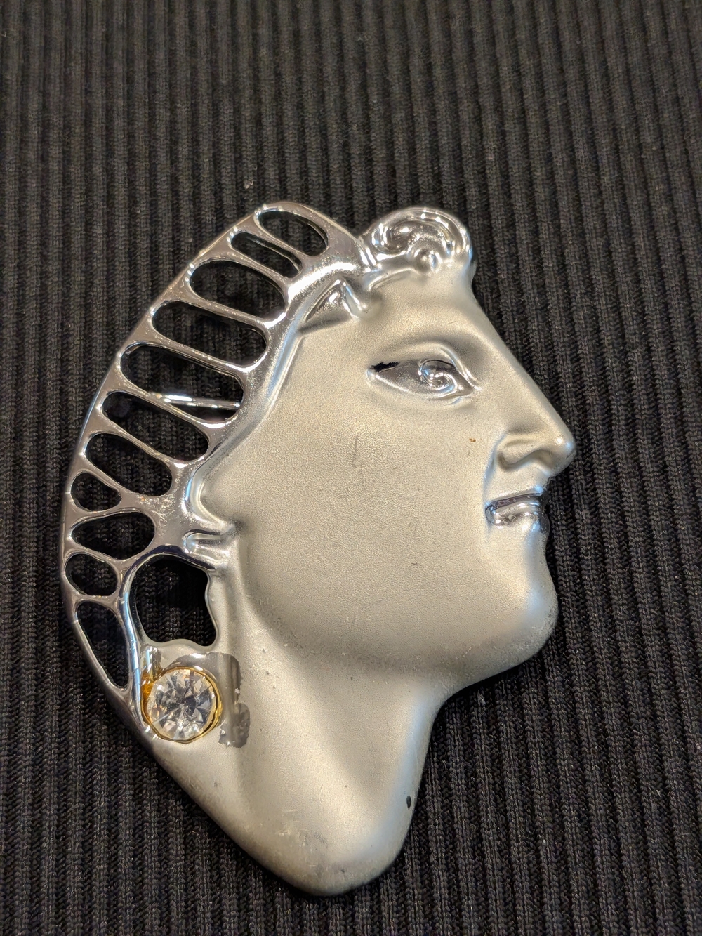 B#3: Silver-tone Female Profile Brooch with Clear Crystal Accent